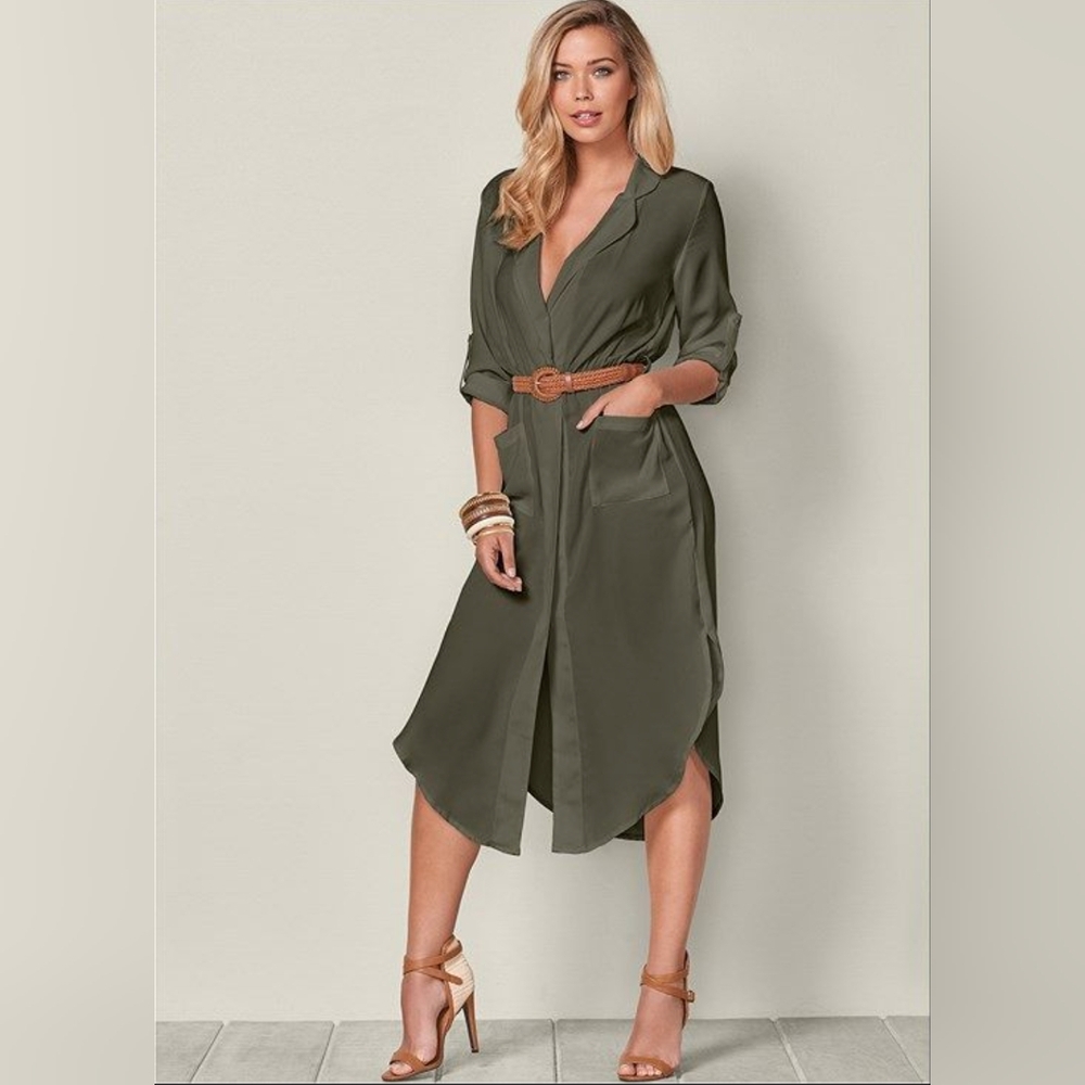 Venus belted midi shirt dress in safari green, tan woven belt, size M